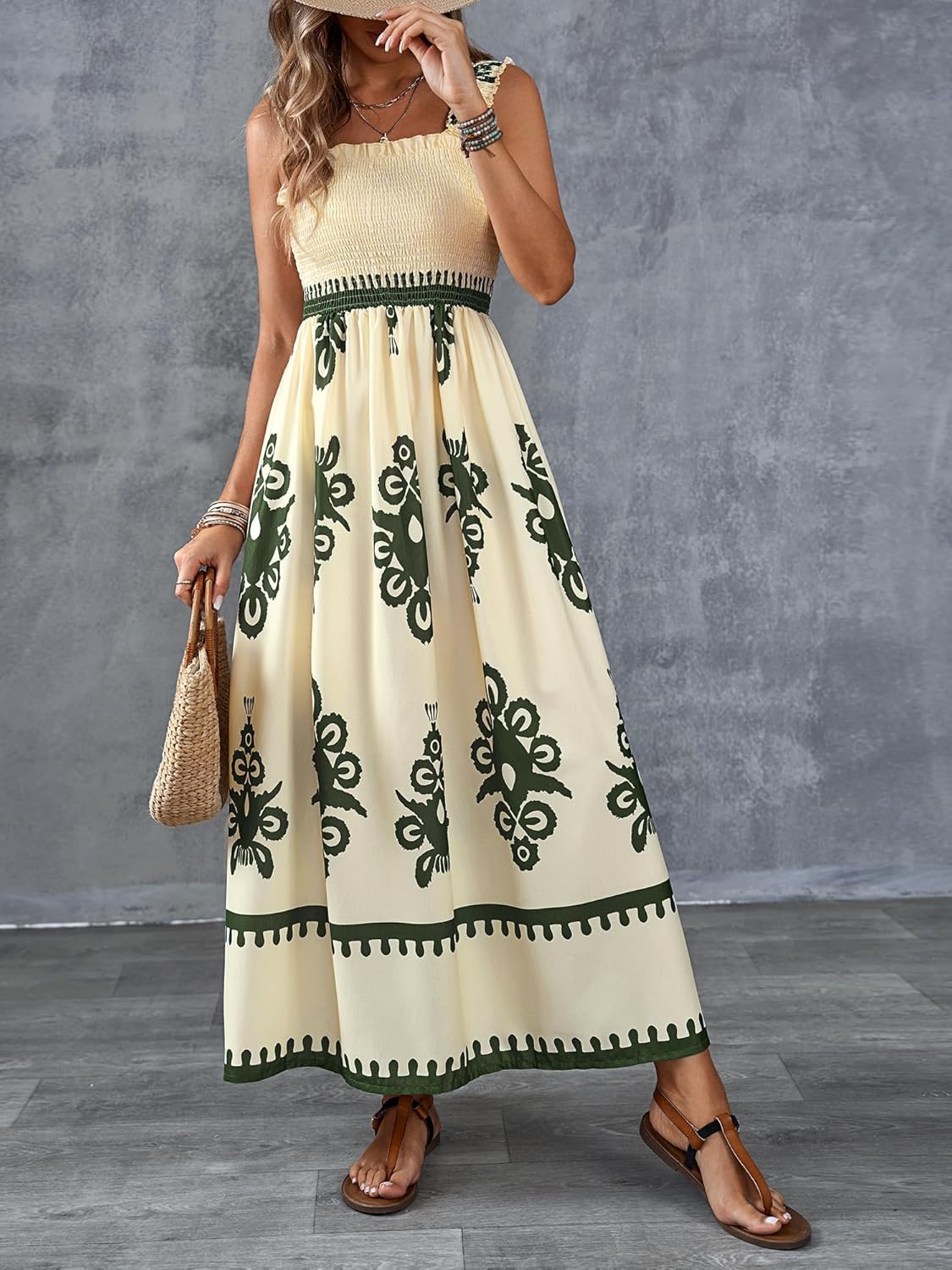 🤩🤩Womens Casual Sleeveless Square Neck Floral Aline Smocked Dresses with Pockets