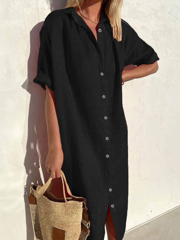 🤩🤩Women Elegant Casual Loose Half Sleeve Button Down Front Half Sleeve Cotton Linen Dress