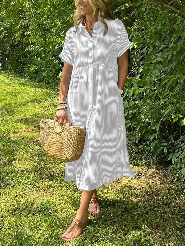 🤩🤩 Striped Lapel Button Down Shirt Dress | With Functional Pockets