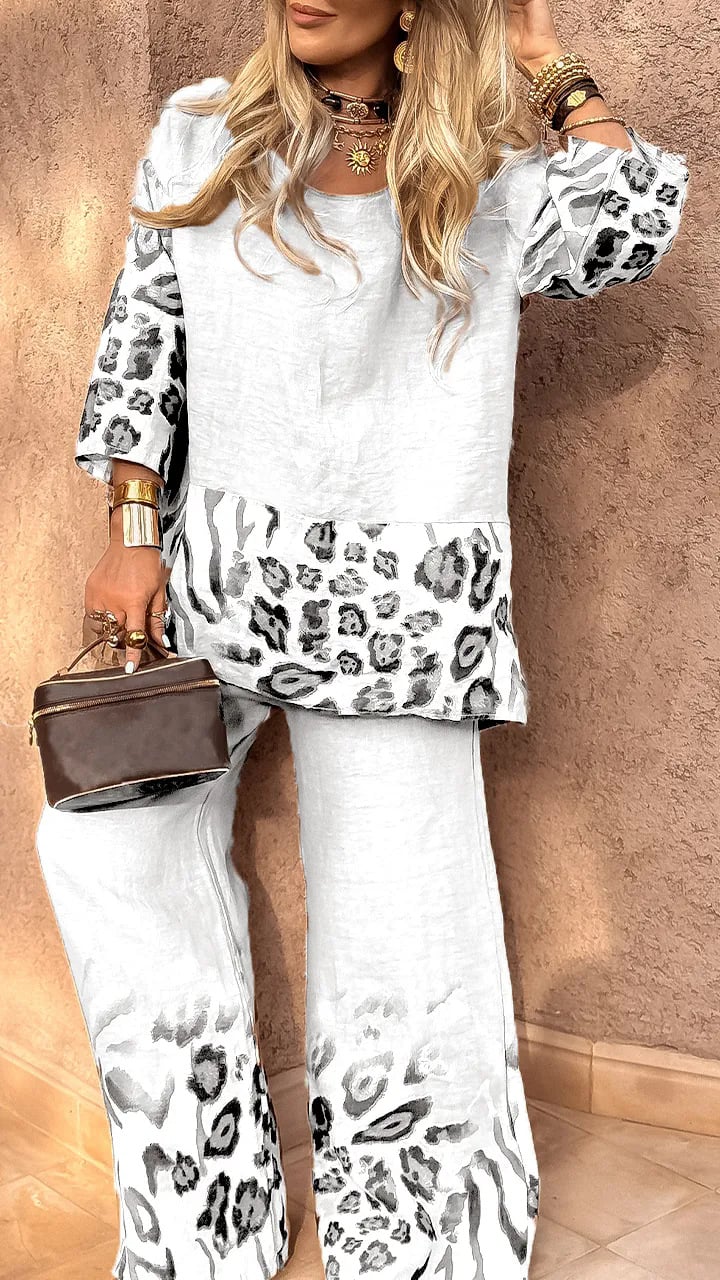 🤩🤩Women's Round Neck Leopard Print Cotton and Linen Casual Suit