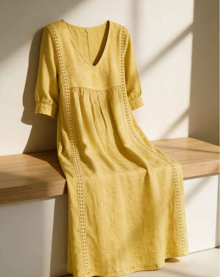 🤩🤩Casual Loose-fitting Patchwork Lace Trim Linen And Cotton Dress(Buy 2 Free Shipping)