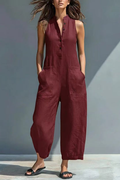 🤩🤩Women's Minimalist Linen Blend Button-up Stand-collar Sleeveless Loose Jumpsuit