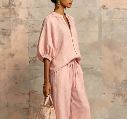 🤩🤩Women's Solid 2-Piece Tracksuit Set with Puff Sleeves & Wide-Leg Pants