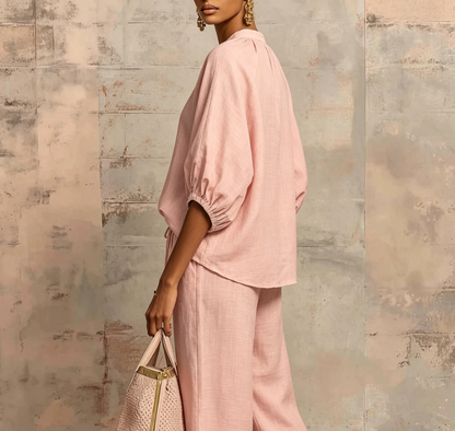 🤩🤩Women's Solid 2-Piece Tracksuit Set with Puff Sleeves & Wide-Leg Pants