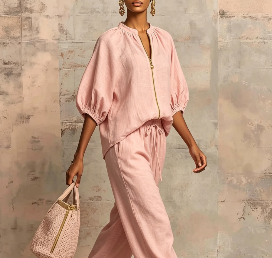🤩🤩Women's Solid 2-Piece Tracksuit Set with Puff Sleeves & Wide-Leg Pants