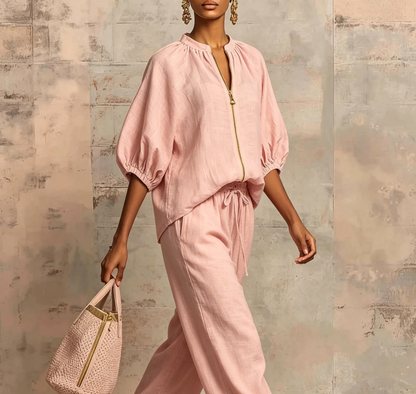 🤩🤩Women's Solid 2-Piece Tracksuit Set with Puff Sleeves & Wide-Leg Pants