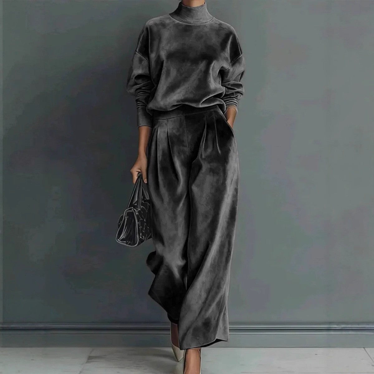 🤩🤩Stylish Velvet Turtleneck Long-sleeved Top and Casual Pocket Wide-leg Pants Set