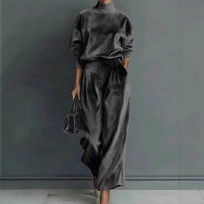 🤩🤩Stylish Velvet Turtleneck Long-sleeved Top and Casual Pocket Wide-leg Pants Set