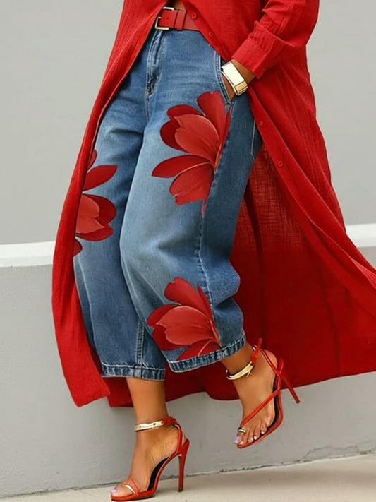 💝💝Women's Vintage Wash Red Floral Embroidered Denim Pants
