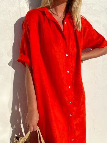 🤩🤩Women Elegant Casual Loose Half Sleeve Button Down Front Half Sleeve Cotton Linen Dress