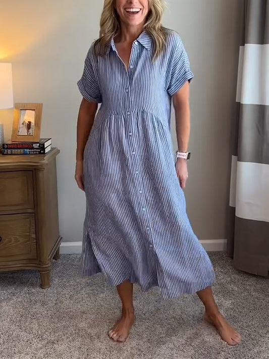🤩🤩 Striped Lapel Button Down Shirt Dress | With Functional Pockets