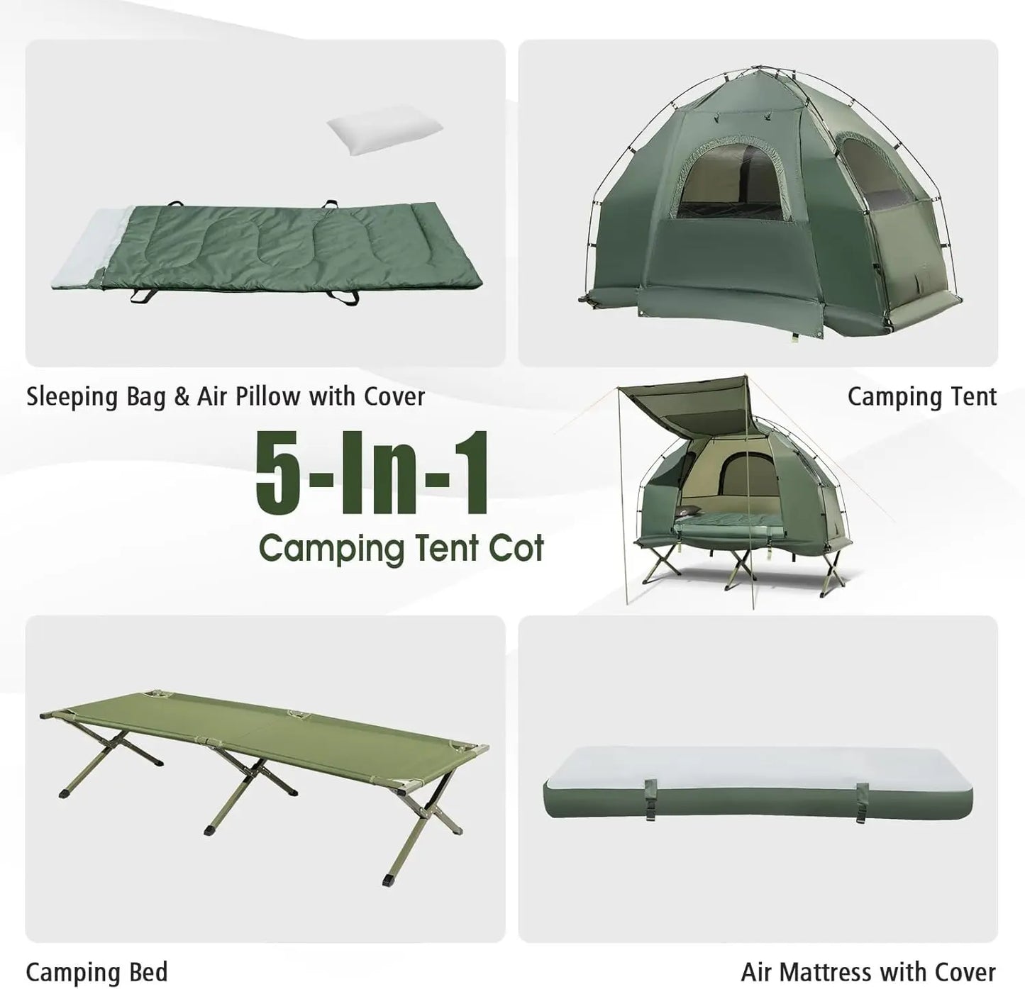 💥Clearance Sale 5-in-1 Camping Tent Cot 🏕️ Air Mattress + Sleeping Bag + Pillow 🛏️ Outdoor Combo