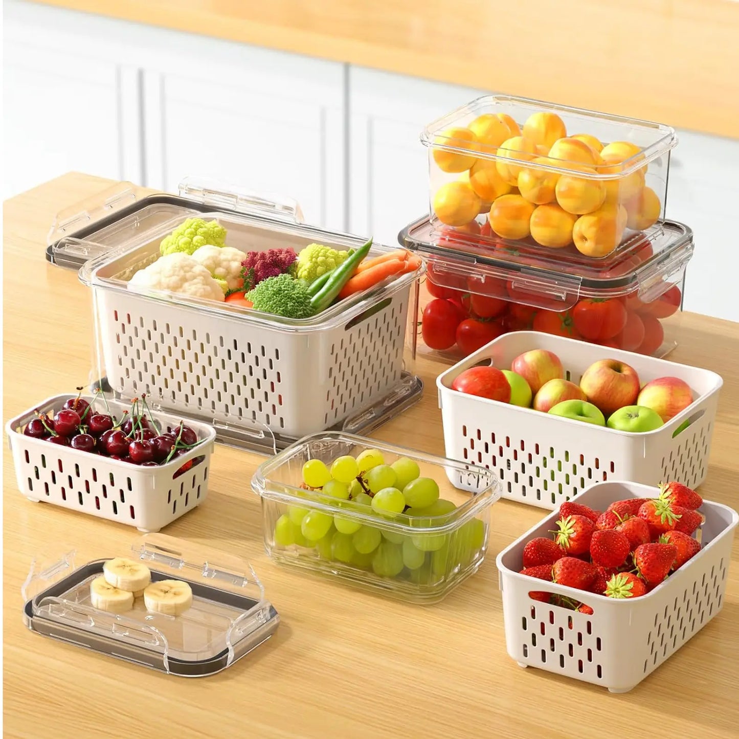 🔥8Pcs Kitchen Organizer   Double Drainer Fruit & Veg Storage 🥕