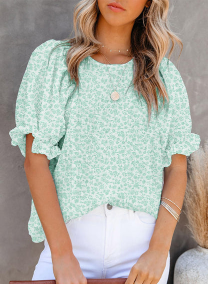 🤩🤩Women's Crewneck Smocked Puff Sleeve Floral Print Blouse