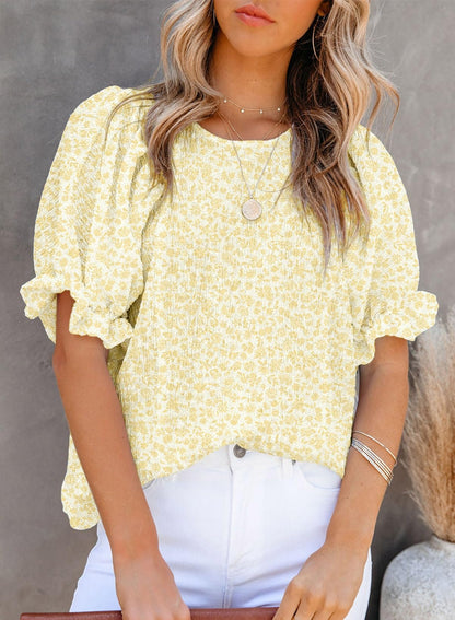 🤩🤩Women's Crewneck Smocked Puff Sleeve Floral Print Blouse