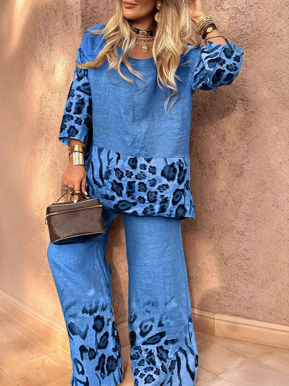 🤩🤩Women's Round Neck Leopard Print Cotton and Linen Casual Suit