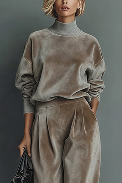 🤩🤩Stylish Velvet Turtleneck Long-sleeved Top and Casual Pocket Wide-leg Pants Set