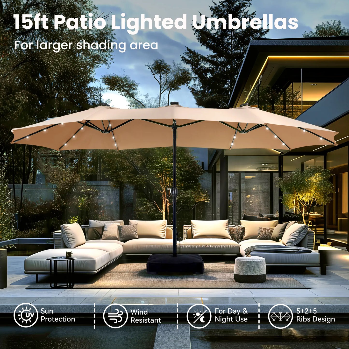💥Clearance Sale 15FT Double-Sided Patio Umbrella ☀️ w/ Base 🌿 Waterproof & LED Option ✨