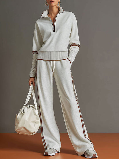 🤩🤩Retro Sporty Webbing Grey-white Half-zip Sweatshirt And Wide-leg Pants Set
