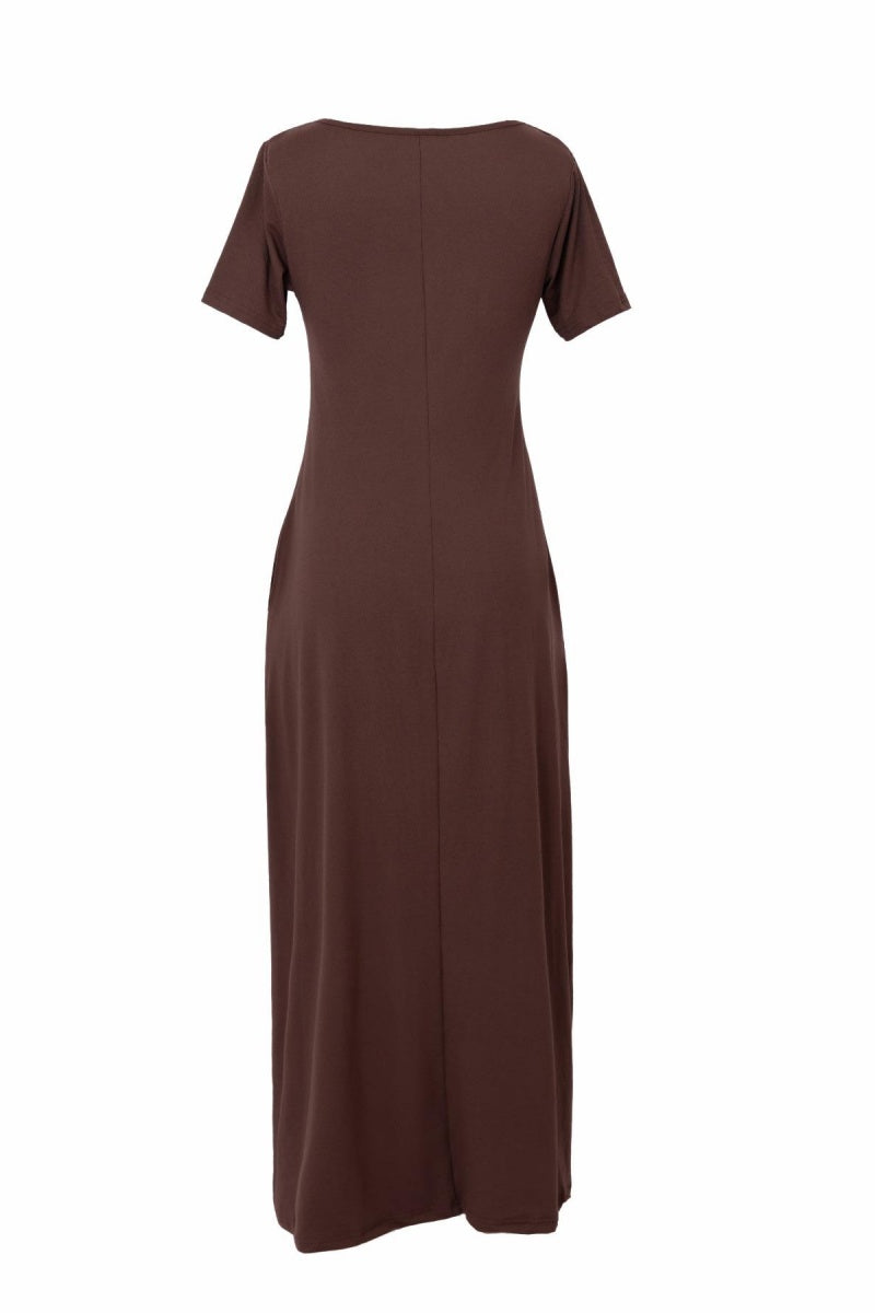 🤩🤩Women's Long Fitted Coffee Dress, Large Round Neck Short Sleeve Pocket Sleepwear