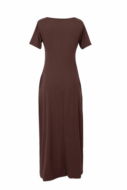 🤩🤩Women's Long Fitted Coffee Dress, Large Round Neck Short Sleeve Pocket Sleepwear