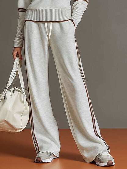 🤩🤩Retro Sporty Webbing Grey-white Half-zip Sweatshirt And Wide-leg Pants Set