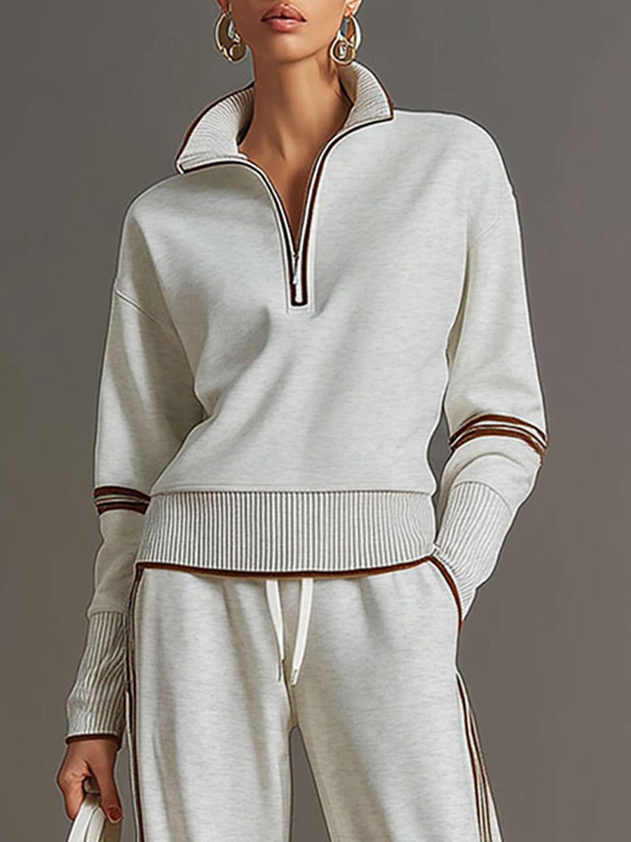 🤩🤩Retro Sporty Webbing Grey-white Half-zip Sweatshirt And Wide-leg Pants Set