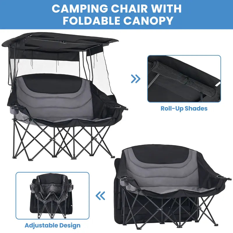 💥Clearance Sale ⛱️ XXL Double Camping Chair 🪑 Padded Loveseat w/ Shade Canopy 🌿 Outdoor Lounge