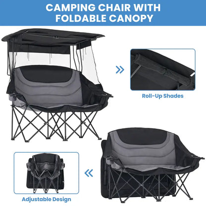 💥Clearance Sale ⛱️ XXL Double Camping Chair 🪑 Padded Loveseat w/ Shade Canopy 🌿 Outdoor Lounge