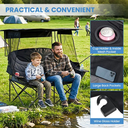 💥Clearance Sale ⛱️ XXL Double Camping Chair 🪑 Padded Loveseat w/ Shade Canopy 🌿 Outdoor Lounge