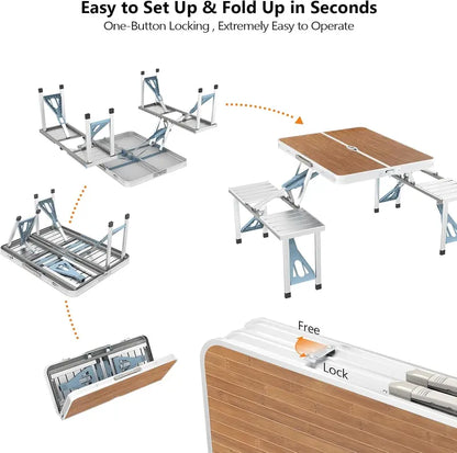 💥Clearance Sale 🪑 4FT Folding Picnic Table Set ⛱️ w/ 4 Seats & Umbrella Hole 🏕️ BBQ Travel RV Table