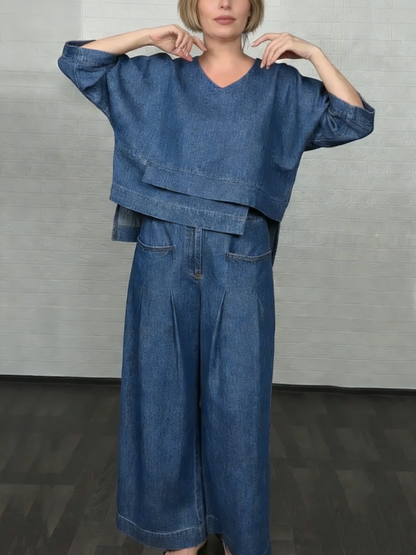 💝💝Women's Casual Denim Cotton Top And Pants Two-piece Set