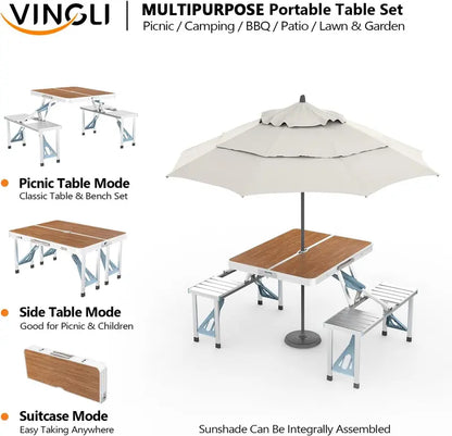 💥Clearance Sale 🪑 4FT Folding Picnic Table Set ⛱️ w/ 4 Seats & Umbrella Hole 🏕️ BBQ Travel RV Table