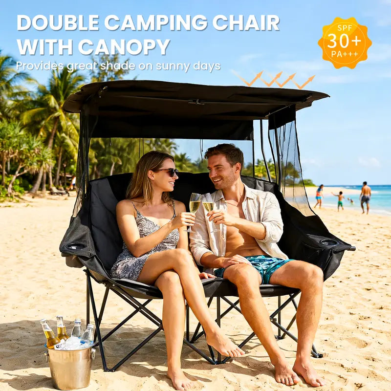 💥Clearance Sale ⛱️ XXL Double Camping Chair 🪑 Padded Loveseat w/ Shade Canopy 🌿 Outdoor Lounge