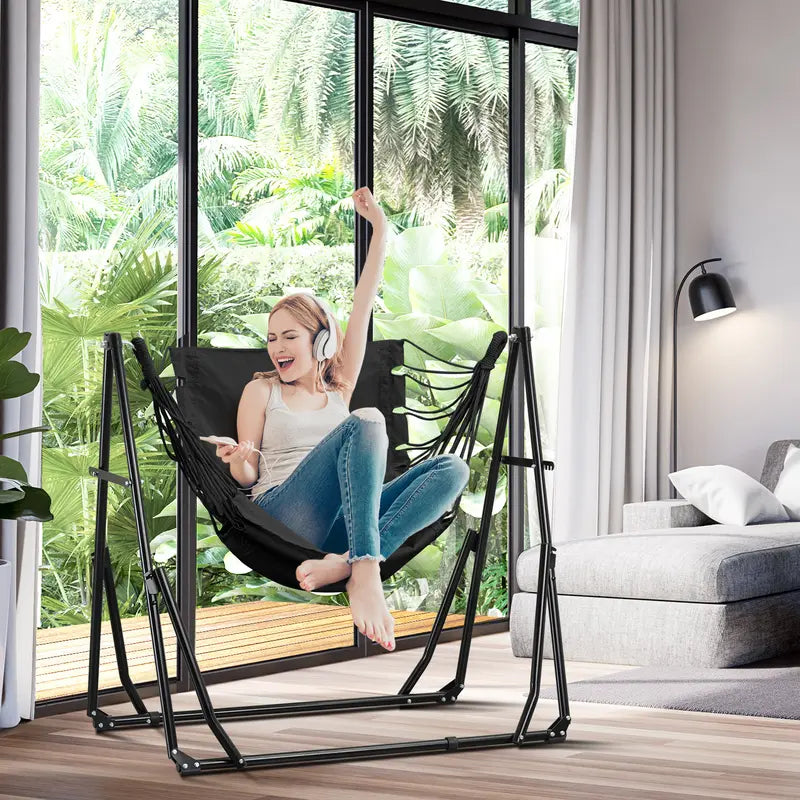 💥Clearance Sale Double Fabric Hammock Chair 🪑 w/ Stand 🌿 Easy Setup & Portable Design 💪
