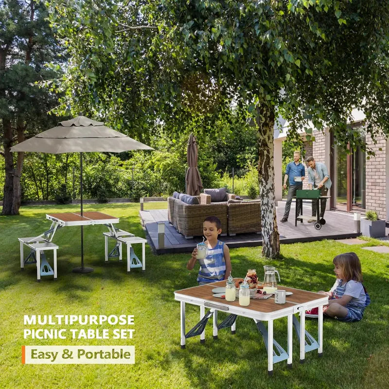 💥Clearance Sale 🪑 4FT Folding Picnic Table Set ⛱️ w/ 4 Seats & Umbrella Hole 🏕️ BBQ Travel RV Table