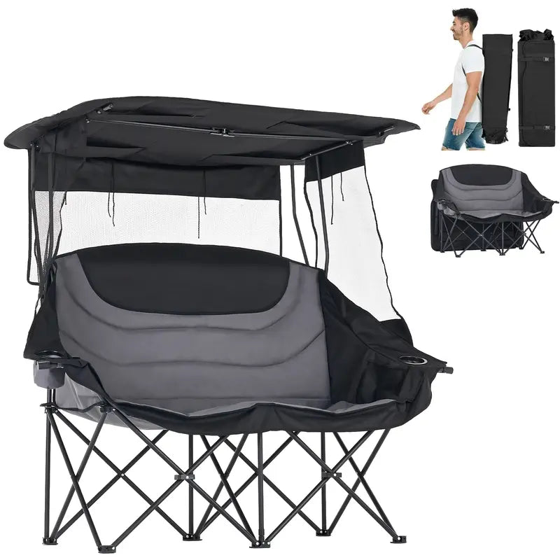 💥Clearance Sale ⛱️ XXL Double Camping Chair 🪑 Padded Loveseat w/ Shade Canopy 🌿 Outdoor Lounge