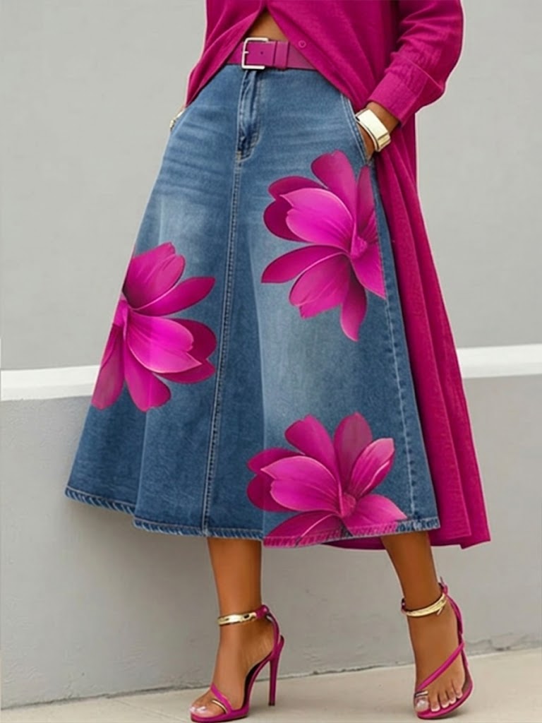📦📦LAST DAY SAVE 49% ⏰Casual Artistic Floral-print A-line Denim Skirt