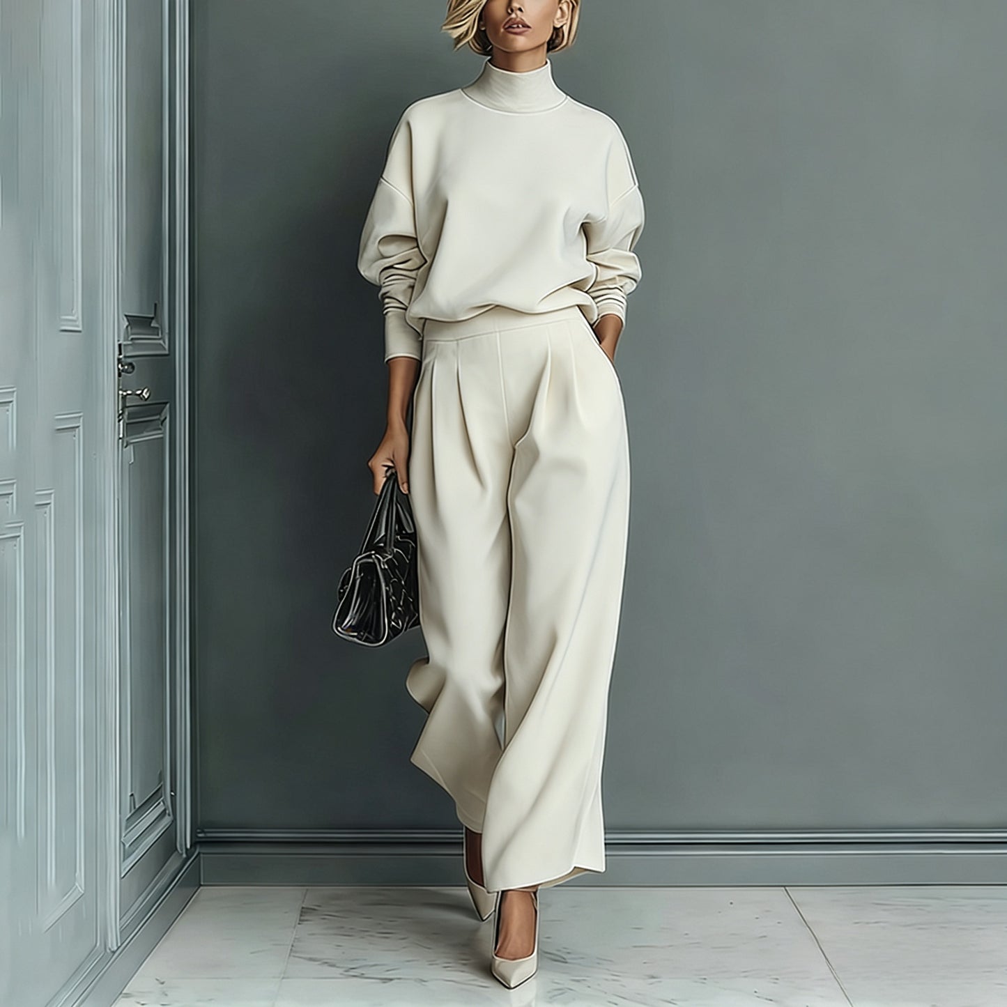 🤩🤩Stylish Velvet Turtleneck Long-sleeved Top and Casual Pocket Wide-leg Pants Set