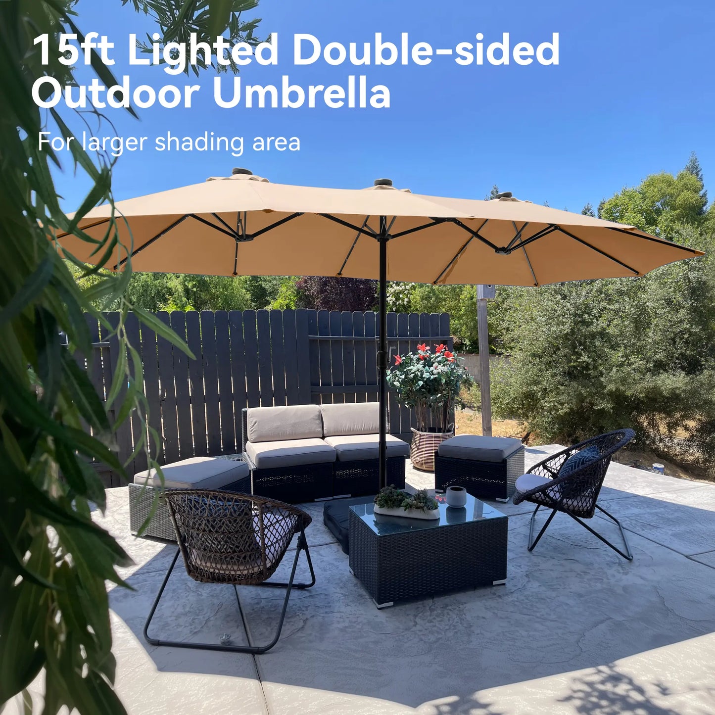 💥Clearance Sale 15FT Double-Sided Patio Umbrella ☀️ w/ Base 🌿 Waterproof & LED Option ✨