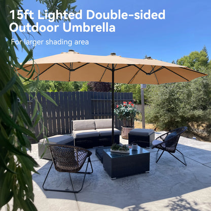 💥Clearance Sale 15FT Double-Sided Patio Umbrella ☀️ w/ Base 🌿 Waterproof & LED Option ✨