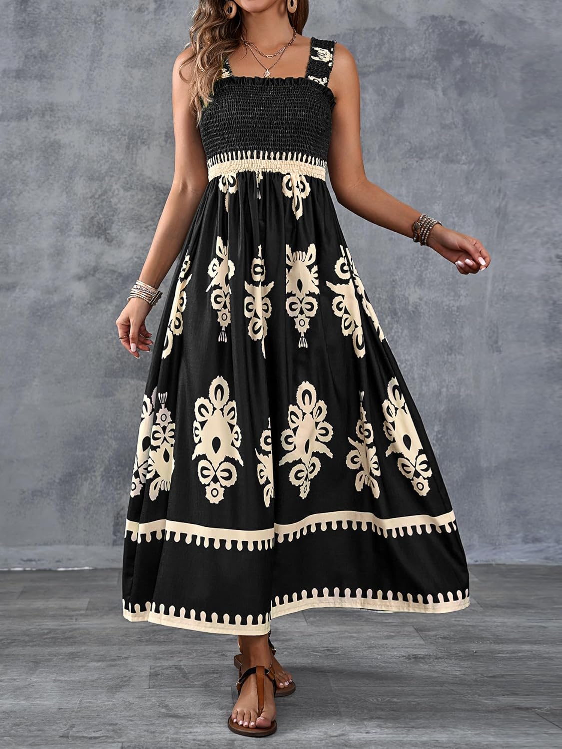 🤩🤩Womens Casual Sleeveless Square Neck Floral Aline Smocked Dresses with Pockets