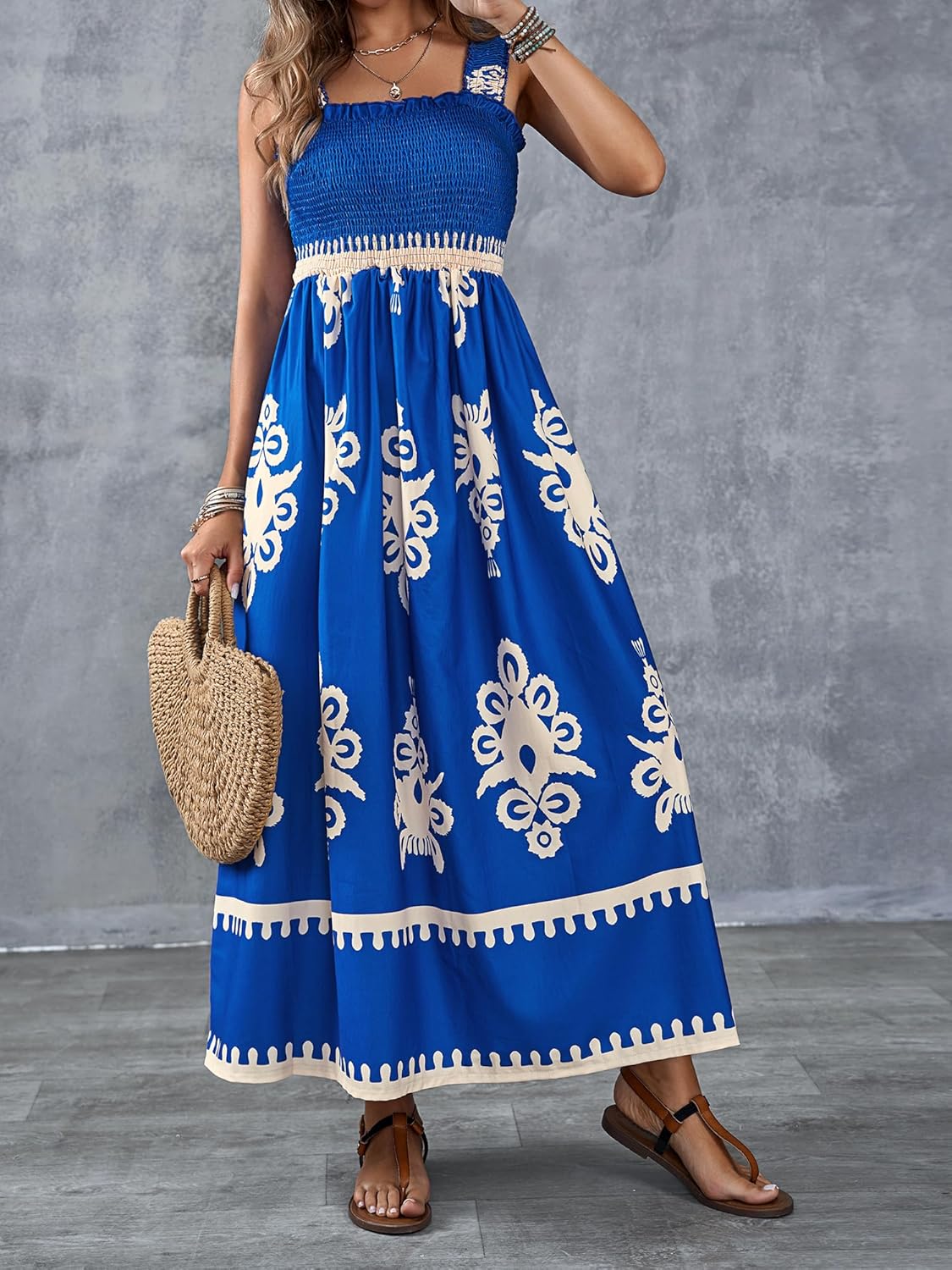 🤩🤩Womens Casual Sleeveless Square Neck Floral Aline Smocked Dresses with Pockets