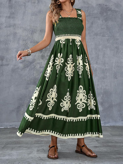 🤩🤩Womens Casual Sleeveless Square Neck Floral Aline Smocked Dresses with Pockets