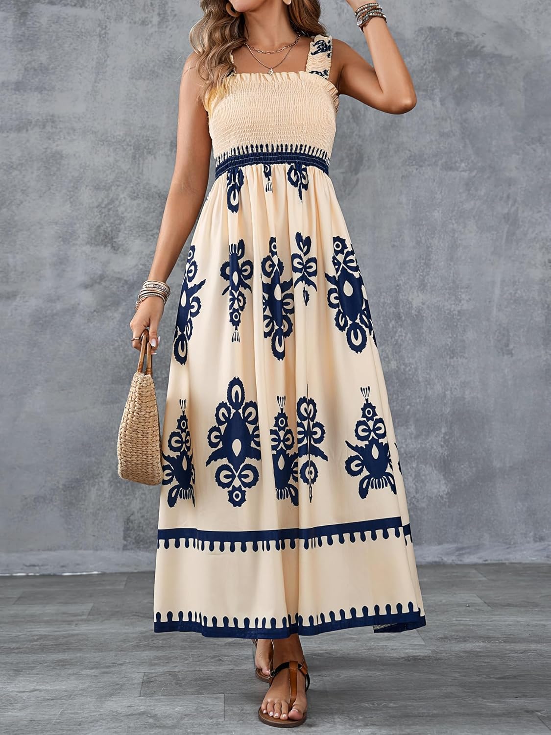 🤩🤩Womens Casual Sleeveless Square Neck Floral Aline Smocked Dresses with Pockets