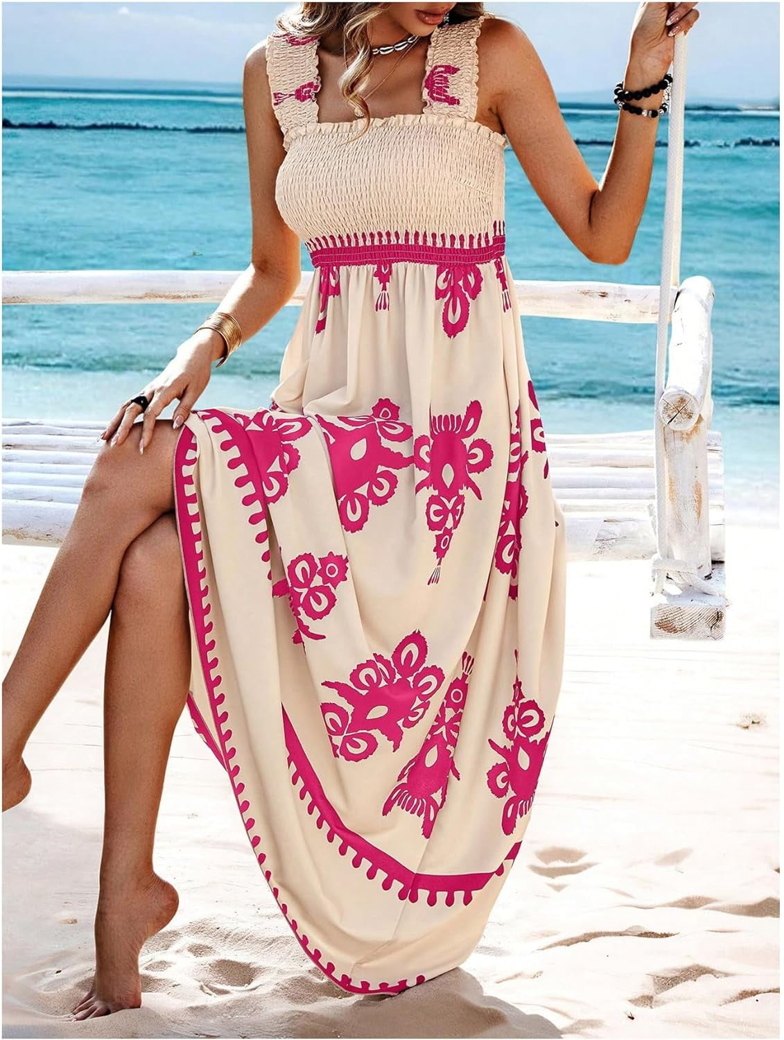 🤩🤩Womens Casual Sleeveless Square Neck Floral Aline Smocked Dresses with Pockets