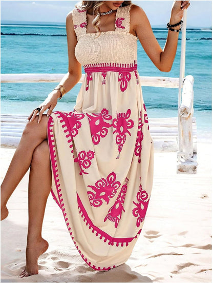 🤩🤩Womens Casual Sleeveless Square Neck Floral Aline Smocked Dresses with Pockets