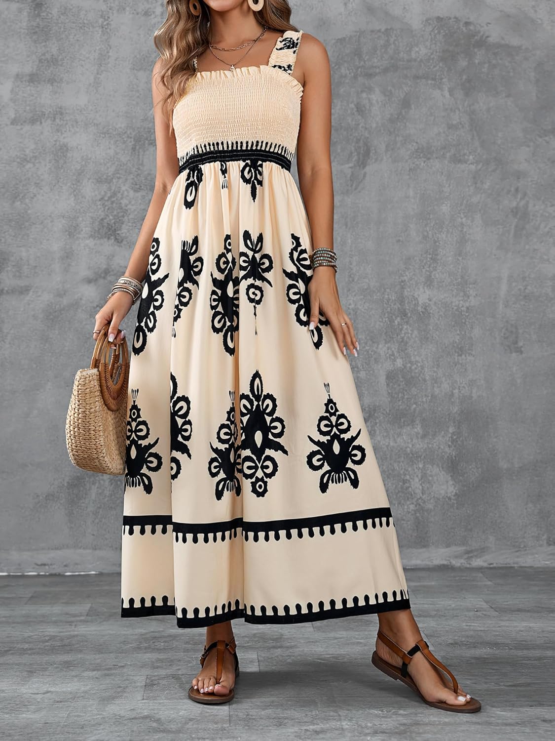 🤩🤩Womens Casual Sleeveless Square Neck Floral Aline Smocked Dresses with Pockets