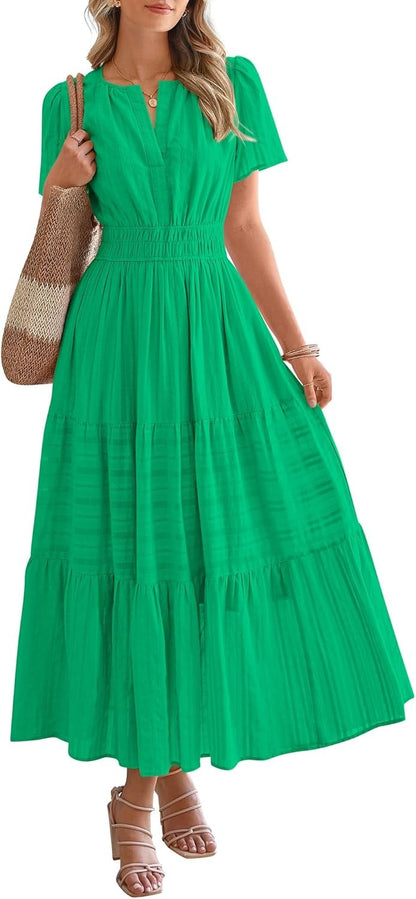 🤩🤩Women's Lightweight Short Sleeve V Neck Elastic Waist Dresses