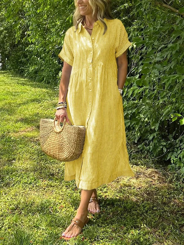 🤩🤩 Striped Lapel Button Down Shirt Dress | With Functional Pockets